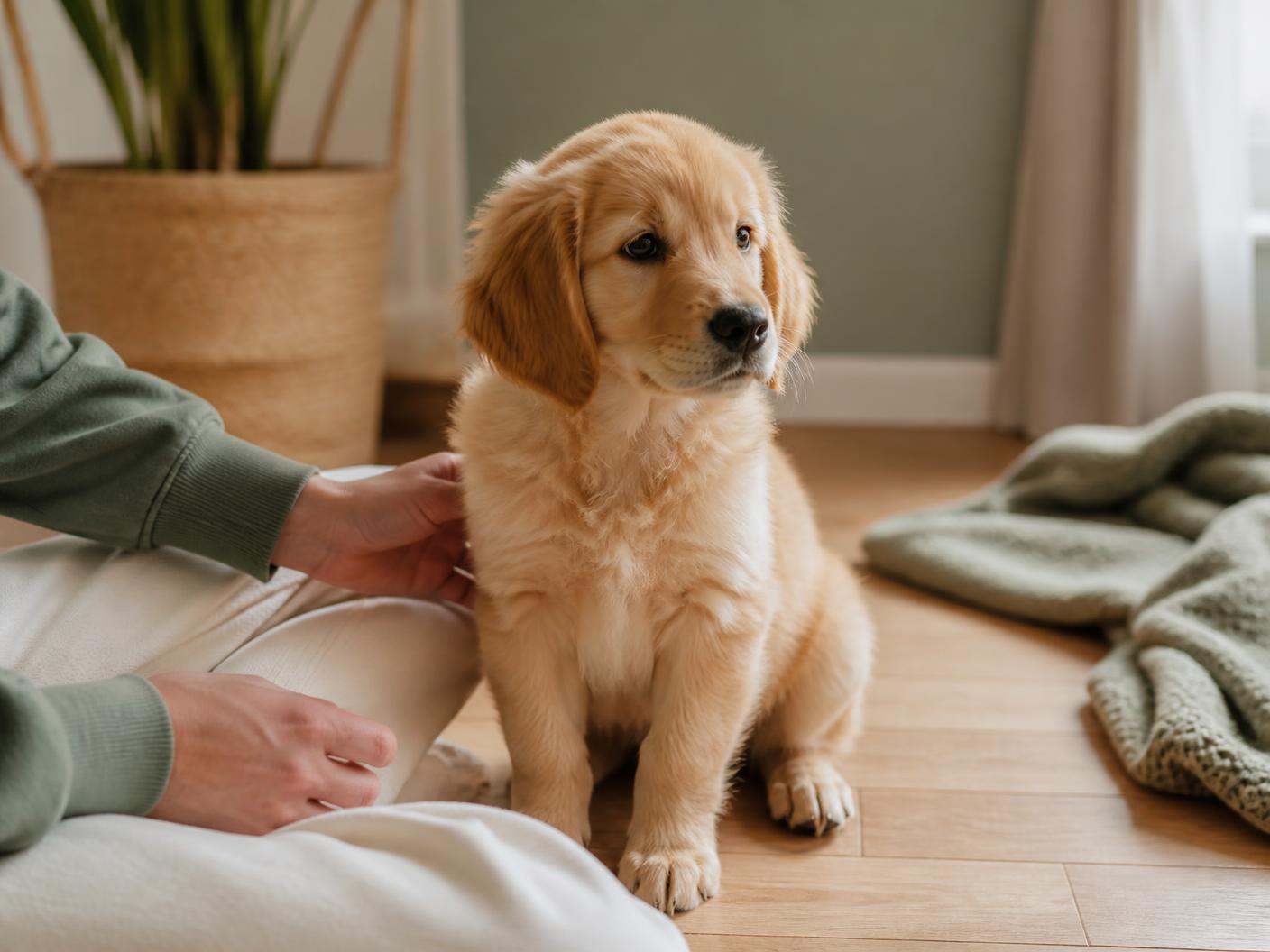 Junger Golden-Retriever-Welpe sitzt ruhig neben seinen Menschen im warmen Wohnzimmer